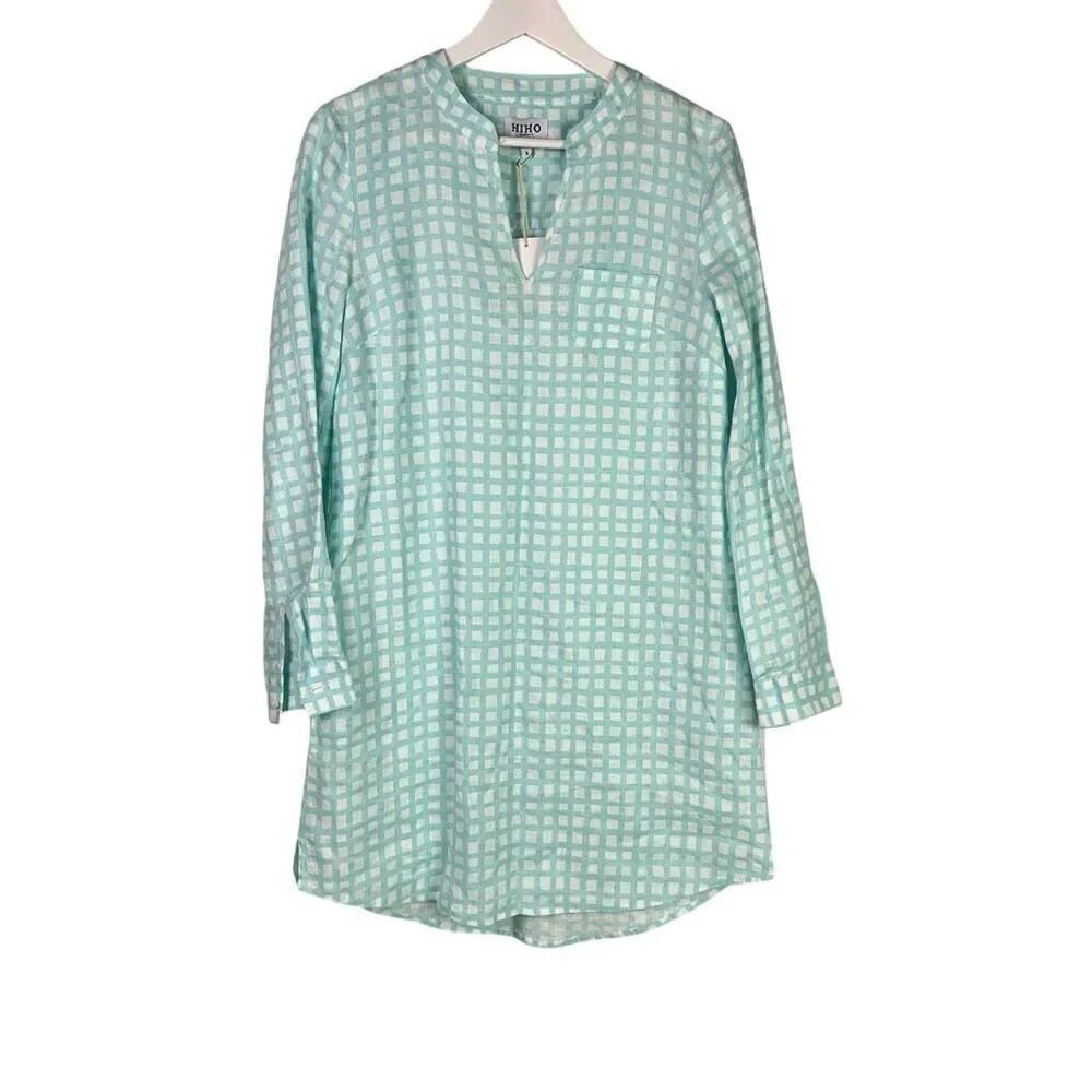 HiHo Totola BVI Bananakeet Turquoise Check Linen Dress Small